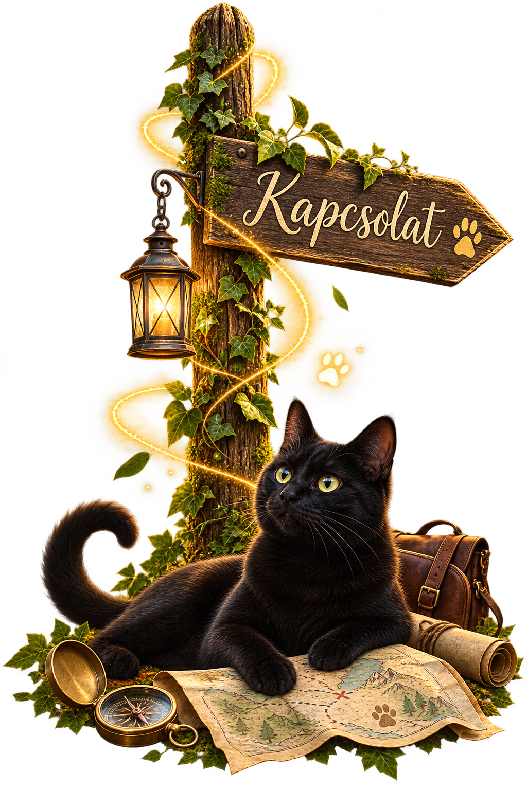 Fekete cica térképpel és útjelző táblával